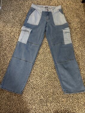 GOGO Two-Tone Blue Patchwork Cargo Jeans